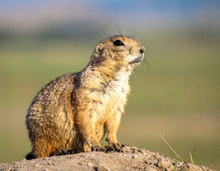 Fototapeta premium Prairie dog perched atop a small dirt mound, gazing off into the distance on a sunny day with blurred background