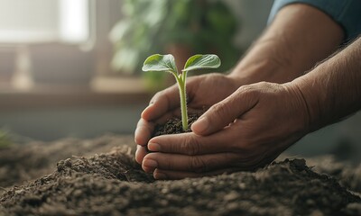 Close-up of hands nurturing young green seedling in fertile soil, ideal for promoting sustainability, environmental care, and eco-friendly agricultural practices
