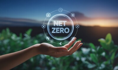 Hand holding glowing net zero hologram with sustainability icons, ideal for promoting environmental responsibility and carbon neutrality initiatives