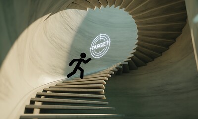 Minimalist spiral staircase with stick figure running toward illuminated target symbol, ideal for concepts of achievement, ambition, and goal setting in business or personal growth