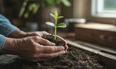 Hands gently planting young green seedling in rich soil, ideal for illustrating sustainability, agriculture growth, and eco-friendly gardening concepts
