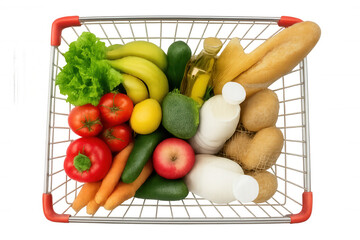 Wire shopping basket containing fresh produce, dairy, bakery items, and cooking oil, representing a healthy food purchase