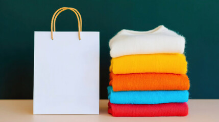 Colorful stacked clothes next to an empty shopping bag in a modern setting during a sale period