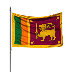 A rectangular national flag, features a lion, colors red, yellow, orange, green against a black backdrop