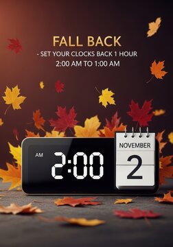 Elegant Fall Back USA 2025 Time Change Reminder: November 2nd Daylight Saving Time Ends with Digital Clock and Autumn Leaves -Vertical poster