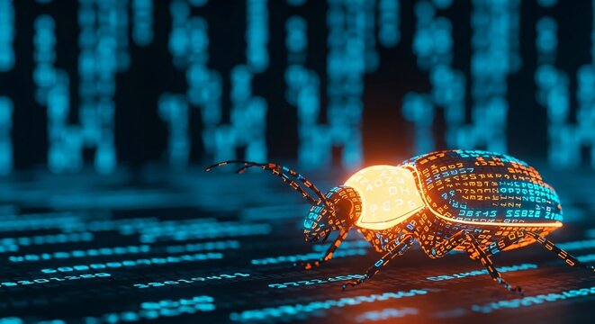 Cybersecurity bug concept with glowing digital code on futuristic background