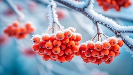Vibrant crimson mountain ash berries covered in frost on a cold winter day