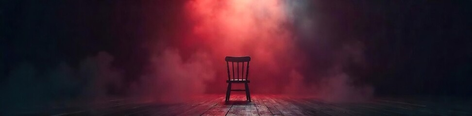 Empty Chair on Foggy Stage, Single Spotlight, Suspenseful Mystery Thriller Scene