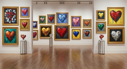 Vibrant heart art collection displayed in a modern gallery setting, evoking passion and love with bold brushstrokes and striking colors