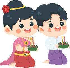 Cartoon Loy Krathong Characters Holding Krathongs