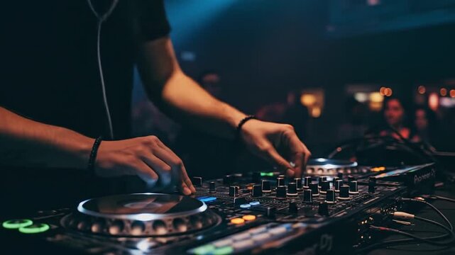 Dj performs at nightclub event manipulating audio equipment