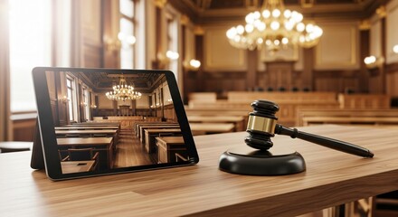 Digital justice modern gavel and courtroom on tablet screen