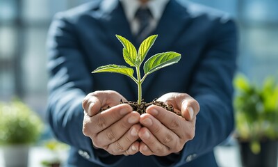 Businessman holding young green plant in soil, symbolizing growth, sustainability, and environmental responsibility for corporate branding and eco-friendly investment concepts