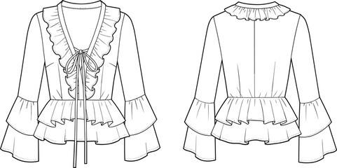 Women blouse flat sketch with ruffled neckline, bow tie front, bell sleeves, peplum hem, technical garment drawing, vector fashion illustration