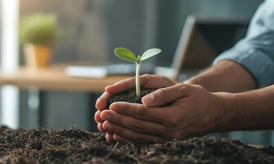 Hands gently holding soil with a young green seedling, ideal for promoting sustainability, environmental care, and eco-friendly lifestyle concepts