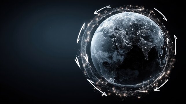 Digital representation of Earth with glowing connections and arrows suggesting movement and technology in a dark background for global concepts