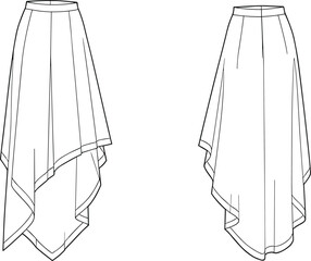 Women skirt flat fashion sketch, asymmetrical hem technical drawing, high low layered design, waistband detail, apparel CAD template vector illustration