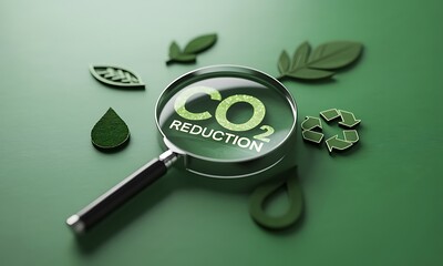 Magnifying glass highlighting CO2 reduction text with eco-friendly icons, ideal for illustrating environmental protection and sustainable practices concepts