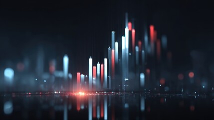 Abstract representation of stock market trends with glowing candlestick charts on a dark background, showcasing financial data and trading activity.