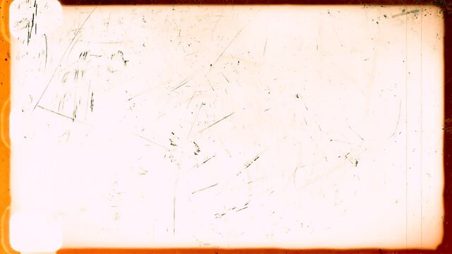 Vintage looping film strip background. 4K reel clutter old tv grain noise frame. Videotape texture overlay with scratches and dirt stains. Lens flare light leaks effect	