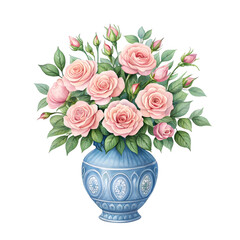 Bouquet of pink roses in a blue vase, watercolor isolated on a transparent background