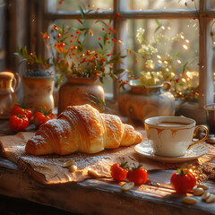 Croissant on wooden board with coffee and window light