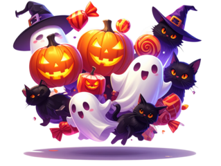 Clustered Spooky Halloween Icons Floating in Mid-Air, Ghosts, Cats, Pumpkins, Candy