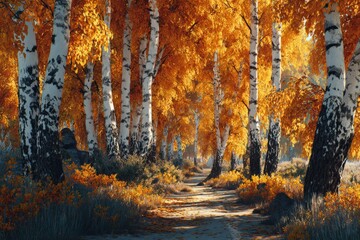 Fototapeta premium Nature's golden blanket: an enchanting birch grove in early frost. Clear focus. Golden birch alley by road: autumn's quiet elegance with frozen grass. Sharp image. Empty space.