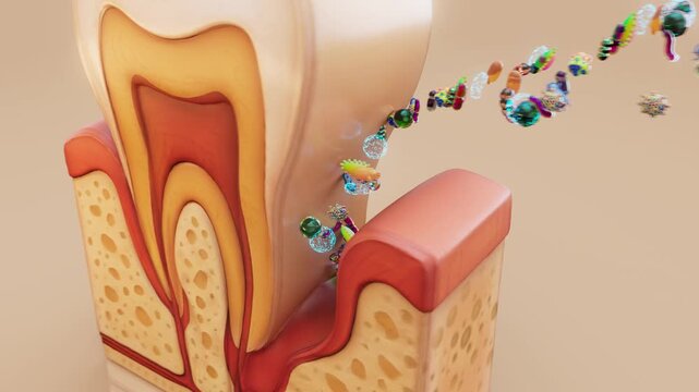 Conceptual 3D animation of periodontitis with bacteria under the gums