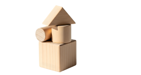 Wooden geometric building blocks arranged in house shape isolated on white