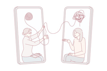 Online psychological help and technologies concept. Young woman doctor making online consultation and helping to release young girl patient from mind mess vector illustration