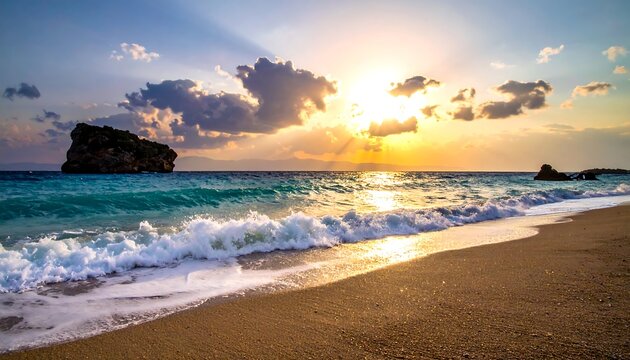 Golden sunset over a sandy beach with turquoise water and distant rocks, under a partly cloudy sky