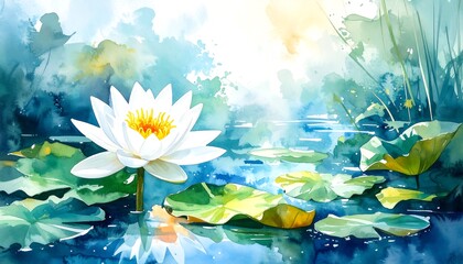 Watercolor lily pad pond scene