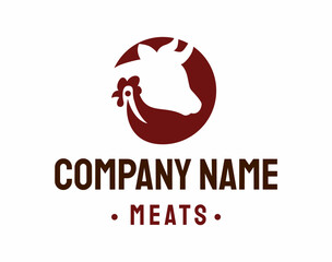 Meat Company Logo with Cow and Chicken Silhouette, Farm Logo Design