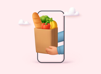 Online grocery delivery concept with hand holding bag from smartphone. E-commerce and fast service idea. 3D Vector Web Illustration.