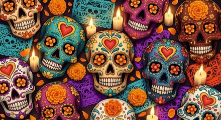 Fototapeta premium Vibrant sugar skulls and marigolds illuminate a festive Day of the Dead celebration with glowing candles and papel picado