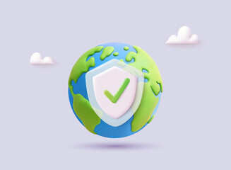Global security and data protection concept with shield and world. 3D Vector Web Illustration.