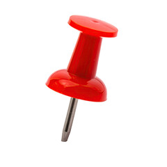 A single red thumbtack isolated on a black background, angled with a metal pin