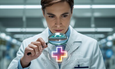 Doctor holding magnifying glass over glowing medical cross icon with digital healthcare symbols, ideal for illustrating innovation and modern clinical technology concepts