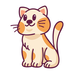 A cute and happy cartoon calico cat sitting down, isolated on a white background.