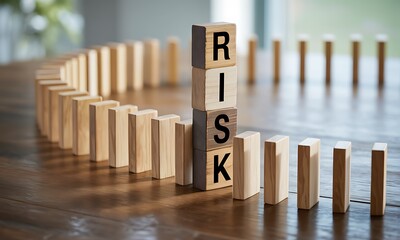 Wooden domino blocks forming a circular chain with central stack spelling 'RISK', ideal for illustrating business strategy, uncertainty, and risk management concepts