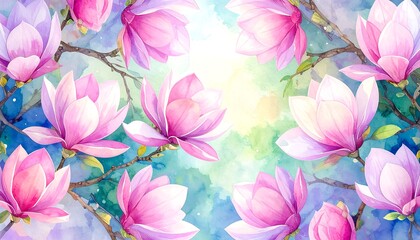 Watercolor magnolia blossoms in a spring setting