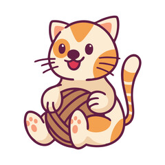 Cute cartoon orange and white cat playing with a ball of yarn, sitting happily with an open mouth.