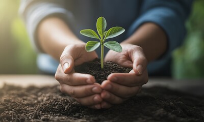 Hands gently holding young green plant sprout in fertile soil, ideal for promoting sustainability, environmental protection, and eco-friendly growth concepts