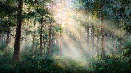 Sunlight through dense forest canopy. Neural network AI generated