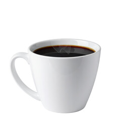 A white ceramic mug filled with steaming black coffee on a black background