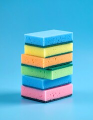 Colorful sponges stacked on a blue background