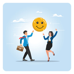 Work motivation concept. Happy people holding smiling face symbol in joyful workplace.