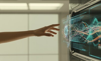 Human hand reaching towards futuristic holographic touchscreen interface with digital data visualization, ideal for illustrating advanced technology and interactive user