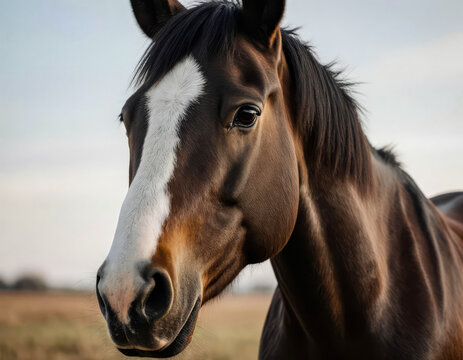 Close-up portrait of a dark bay horse with a white forehead marking, standing in a dry open field under natural light, showcasing equine strength and elegance against a clear blue sky. Brown Horse.